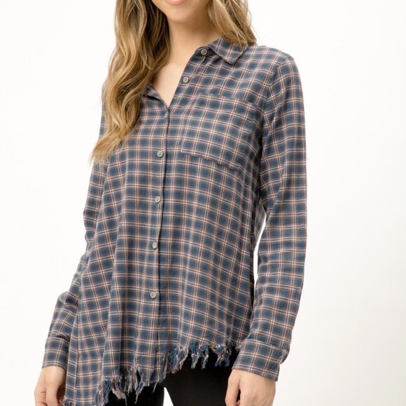 MYSTREE Navy Rust Plaid Fringe Hem Button Up Shirt, Long Sleeve Flannel Top - Picture 6 of 7